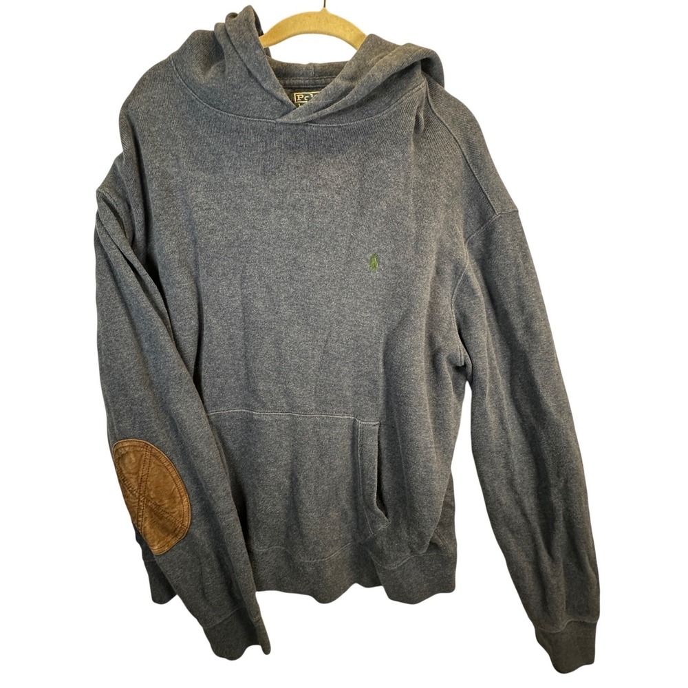 Polo Ralph Lauren Mens XL Blue Cotton Knit Hoodie Leath Elbow Patches Distressed